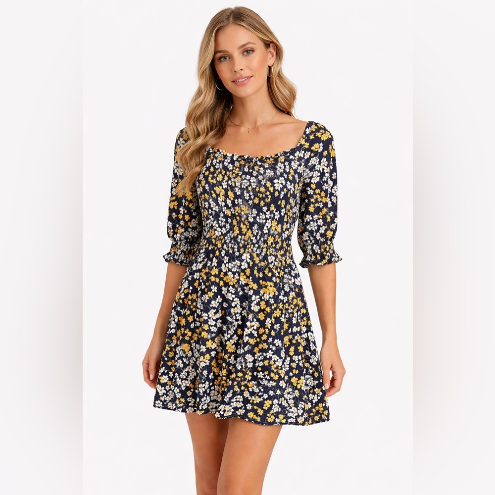 Draper James Dress Womens L Navy Floral Smocked Fit & Flare 3/4 Sleeve‎
